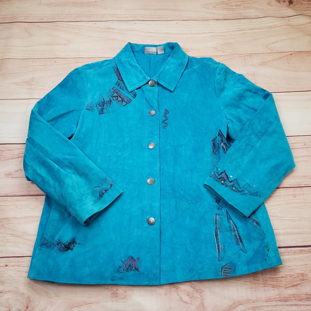 Vintage Chicos Jacket Womens Size 3 Blue Suede Leather Southwestern Sun‎